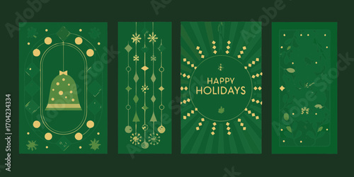 Festive green and gold holiday greeting cards featuring bells snowflakes and decorative elements