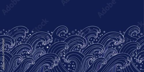 Stylized white line art of crashing ocean waves and bubbles on a deep blue background