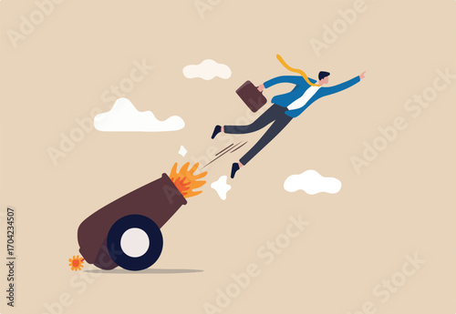 Career boost or job promoted, productivity or advancement in work concept, businessman shot from explosive cannon boosting high to achieve business success. 