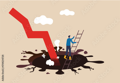 Business to survive in COVID-19 pandemic causing economic recession, survival from Coronavirus crash concept, businessman climb up ladder from deep hole of coronavirus impact with red arrow graph.