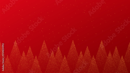 Seamless red Christmas forest background with golden glitter trees and sparkling sky. Winter holiday season decoration for celebration design.