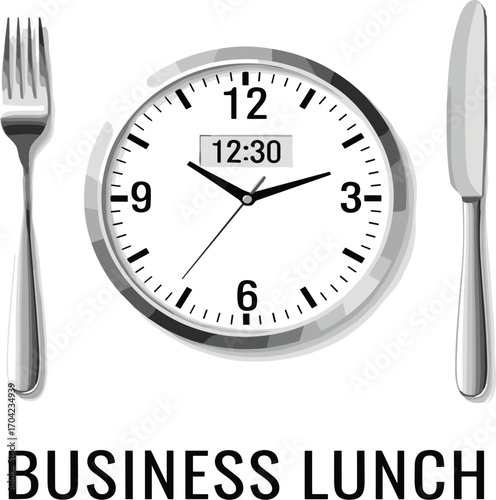Business lunch concept with clock, fork, and knife symbolizing scheduled dining time, corporate meeting, and professional networking in vector illustration