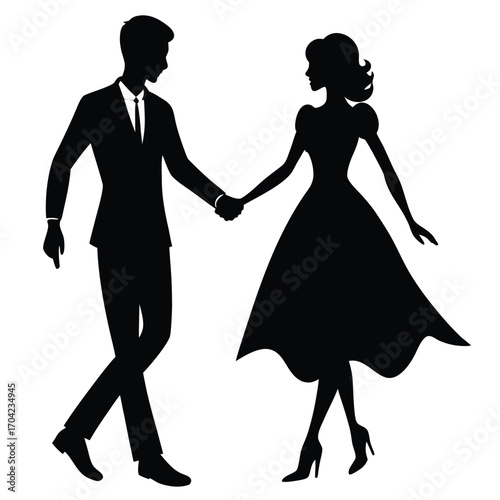 Silhouette of a couple dancing a ballroom dance on a white background