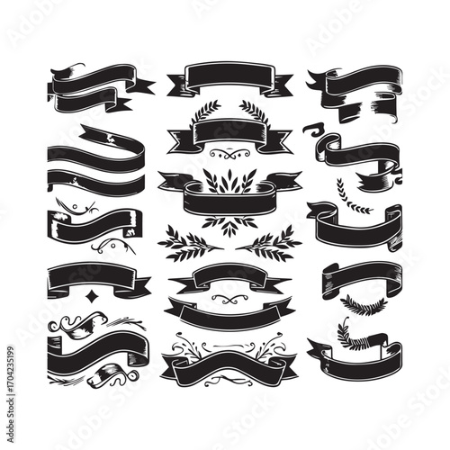 Assortment of 18 black hand-drawn vintage ribbon banners and decorative elements on a white background