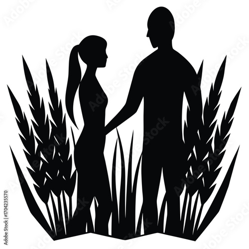 Silhouette of a couple holding hands in a field of wheat on a white background 