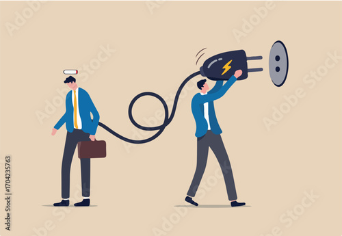 Recharge energy to exhausted fatigue office employee, refresh from overworked or burn out concept, businessman manager holding huge electric plug to recharge low battery exhausted businessman worker.