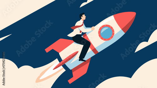 A business figure riding an ascending rocket, hand-drawn vector illustration
