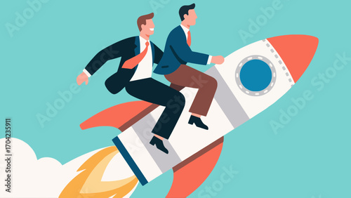 A business figure riding an ascending rocket, hand-drawn vector illustration