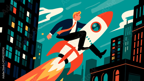 A business figure riding an ascending rocket, hand-drawn vector illustration