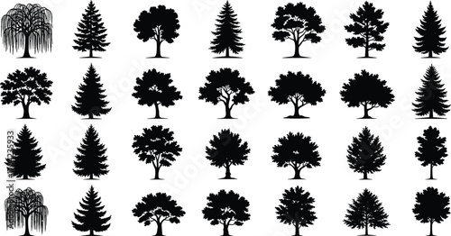 Collection of diverse tree silhouettes in grid layout, featuring various deciduous and coniferous species for nature, botanical, and landscape design