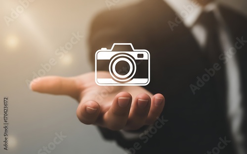 Professional Photographer Services and Camera Icon Illustration with Business Suit Man Offering Creative Solutions with Hand Gesture and Modern Design