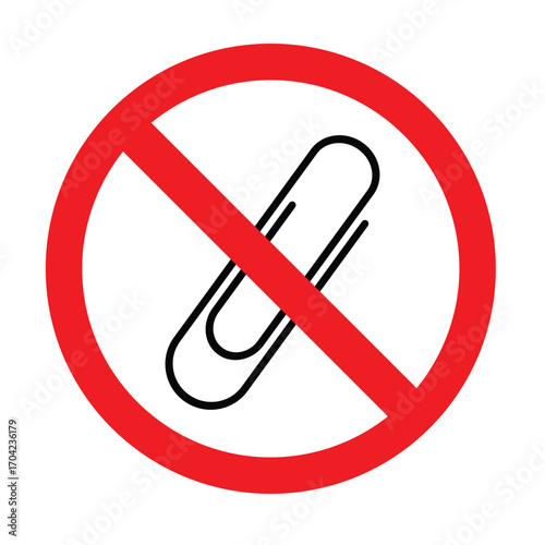 Clip Use Prohibition Sign. No Paperclip Allowed Safety Warning Pictogram with Red Circle and Diagonal Line.