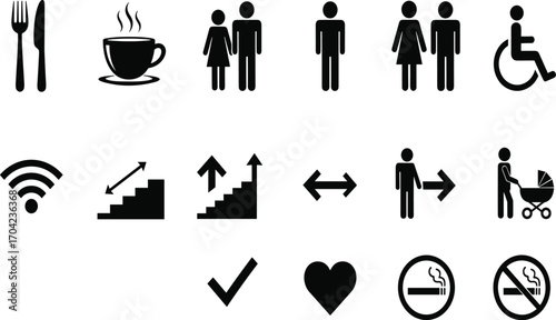 Collection of universal public signage icons in grid layout, representing facilities, directions, accessibility, and services for navigation and information design