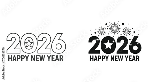 2026 Happy New Year text with star and fireworks graphic elements vector
