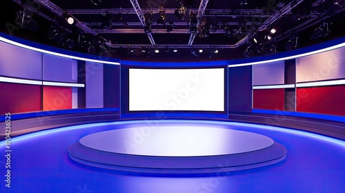 Empty tv studio set with blank screen and blue floor