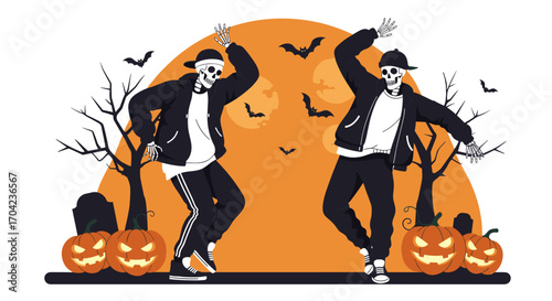 Two skeletons dancing in Halloween scene with pumpkins and bats  