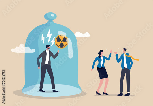Toxic boss, bad environment in workplace, unfairness, micromanage or mislead manager concept, angry manager captured in cover with prohibit toxic sign and team are peacefully discussing work outside.