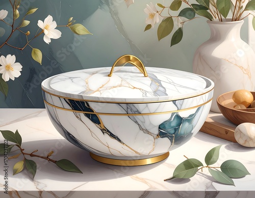 Marble serving bowl with lid, golden accents, and floral backdrop