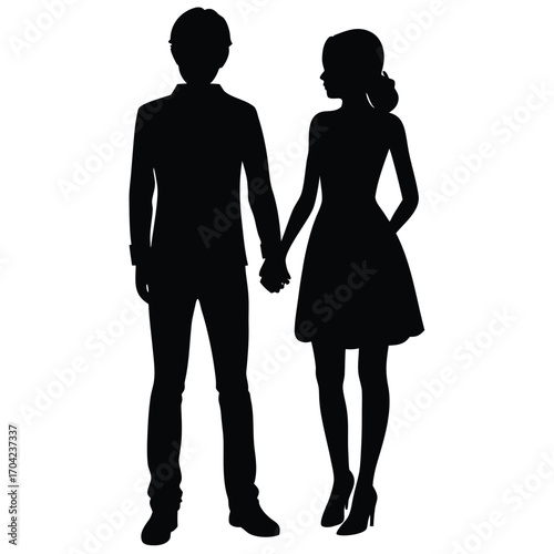 Full body silhouette of a couple holding hands standing together love romance