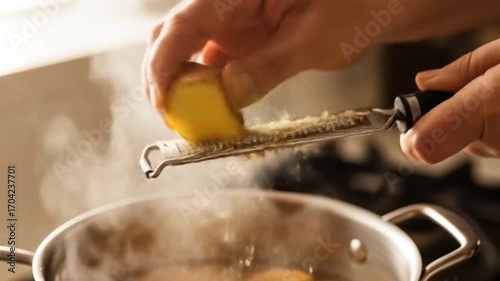 Grating Fresh Ginger Root into Steaming Pot: Culinary Preparation in Kitchen Setting