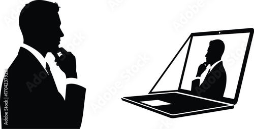 Silhouette of business professional thinking while viewing laptop screen with mirrored reflection, symbolizing self‑reflection, virtual communication, and digital identity concept