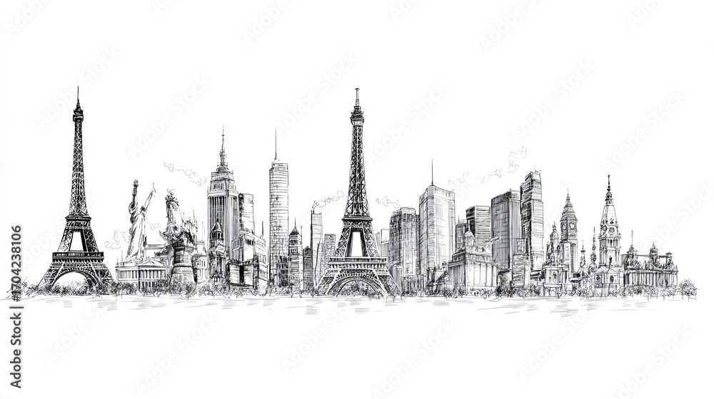 Fototapeta premium International city landmark skyline sketch