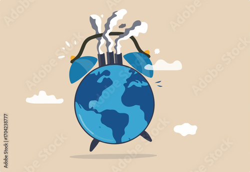 World climate change crisis or global warming alert, time to take care of our world environment concept, planet earth or globe with world map as alarm clock with pollution smoke industry on top.