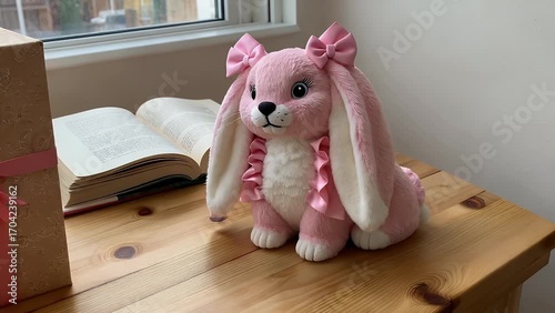 Spring Holiday Festive Decoration Featuring Rosy-Hued Rabbit Figurine Positioned Upon Wooden Surface Surrounded by Literary Volumes