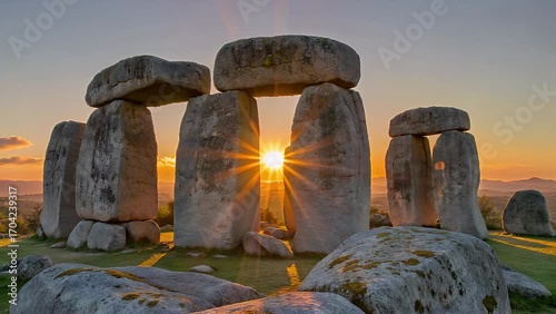 The Solar Orb Ascending and Rising Between the Ancient Megalithic Stone Monuments and Standing Rocks