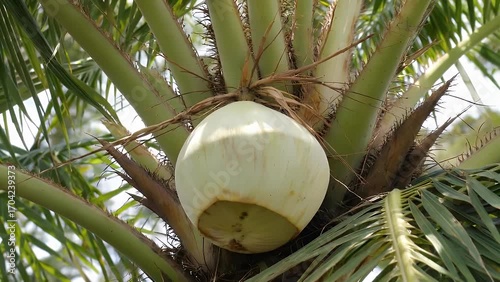 Whole Brown Coconuts with Their Attached Green Fronds Isolated on Plain White Background