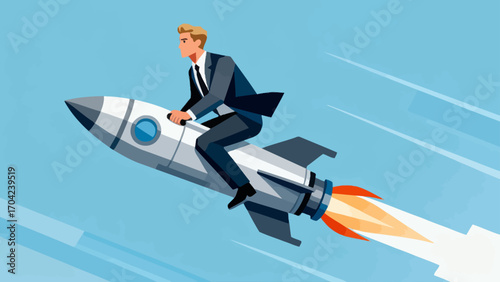 A business figure riding an ascending rocket, hand-drawn vector illustration