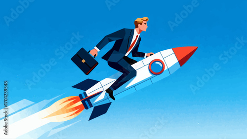 A business figure riding an ascending rocket, hand-drawn vector illustration