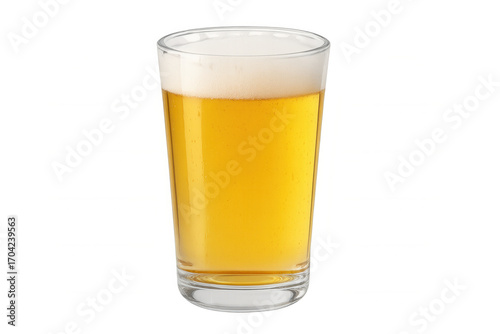 Golden beer pouring into pint glass, creating creamy foam head against transparent backdrop