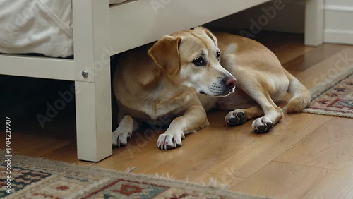 Fearful Canine Seeking Refuge Beneath Domestic Bed Structure On Interior Floor Surface