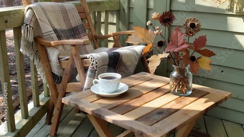 warm mug of coffee placed on outdoor wooden porch table accompanied by vase of dried autumn flora