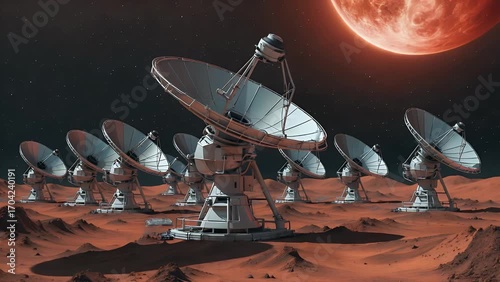 Array of Extraterrestrial Radio Telescopes Pointed Skyward Towards Crimson Planetary Body