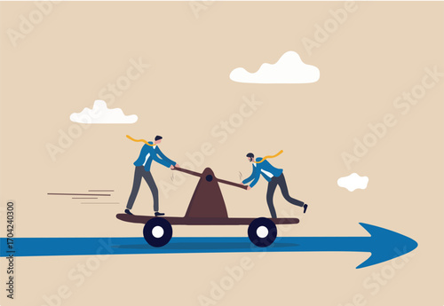 Teamwork collaboration to success in work, togetherness or partnership help reach goal or target concept, businessman working team collaborate to ride handcar on forward arrow.