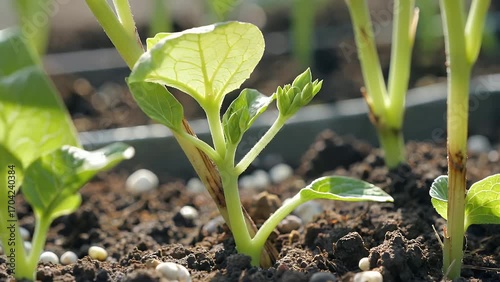 Young Verdant Seedling Illuminated by Natural Sunlight with Visible Rays of Light