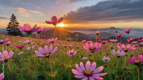 Panoramic Vista of Mountain Range at Dusk with Blooming Meadow of Vivid Pink Flora