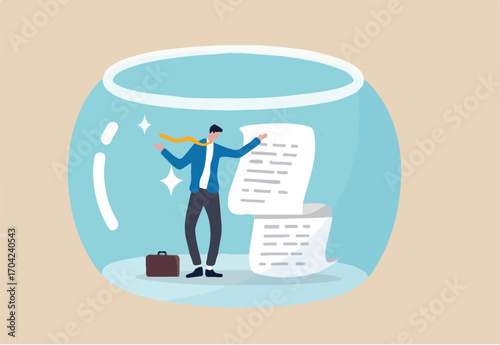 Business transparency, integrity or data disclosure concept, businessman standing with disclosure financial document in crystal clear fish bowl.