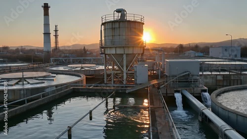 Large Circular Water Purification Tank Utilizing Sludge Recirculation Method During the Early Morning Sunrise
