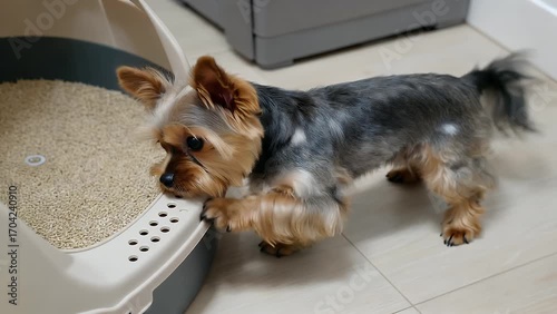 overhead perspective of canine inspecting indoor sanitation facility for pets