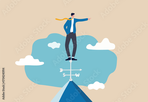 Business direction to achieve success, leadership and visionary concept, smart businessman standing on top of weather vanes on the roof pointing to winning direction.
