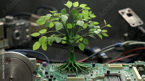The concept of environmentally sustainable technology represented by tree growing from computer motherboard