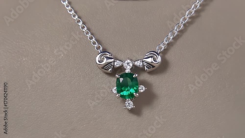 Refined Neckpiece Crafted from Silvery White Precious Metal Adorned with Verdant Precious Stone and Minute Brilliant Cut Carbon Crystals