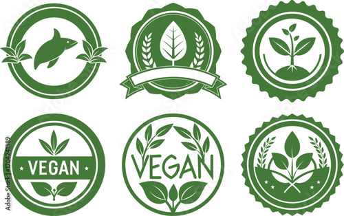 Collection of green circular eco vegan badges and labels with leaf and plant motifs