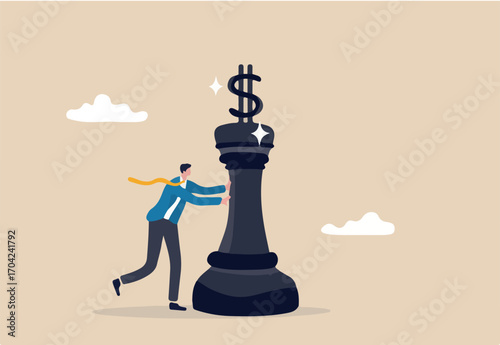 Investment strategy, financial planning or marketing and pricing strategy concept, businessman investor pushing chess king with dollar money sign on top to earn profit.