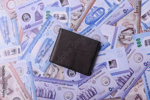 Photography UAE money, dirhams, cash arabic banknotes for financial and business processes