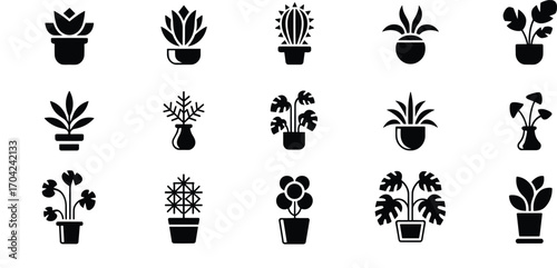 Black plant icons collection, indoor potted plants, houseplants silhouette, decorative foliage symbols, gardening clipart, botanical vector set, nature designs