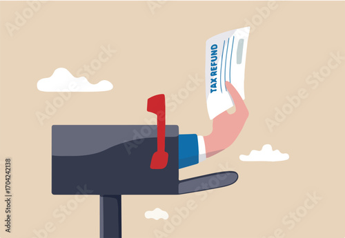 Tax refund or rebate credit concept, businessman hand came from postbox offer or giving letter with tax refund check to return money to tax payer.
